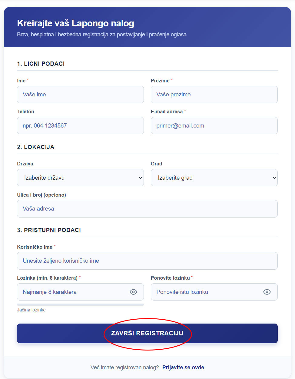 Formular za registraciju novog korisnika
