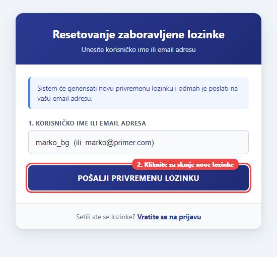 Forma za unos emaila ili korisničkog imena za reset
