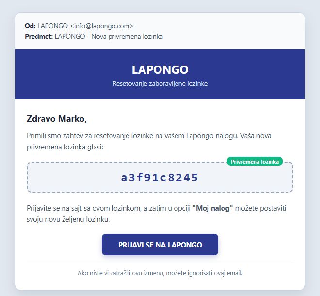 Primer email poruke sa privremenom lozinkom