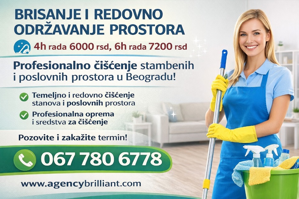 Brisanje i redovno održavanje prostora za 4h rada 6000 rsd, za 6h rada 7200 rsd 